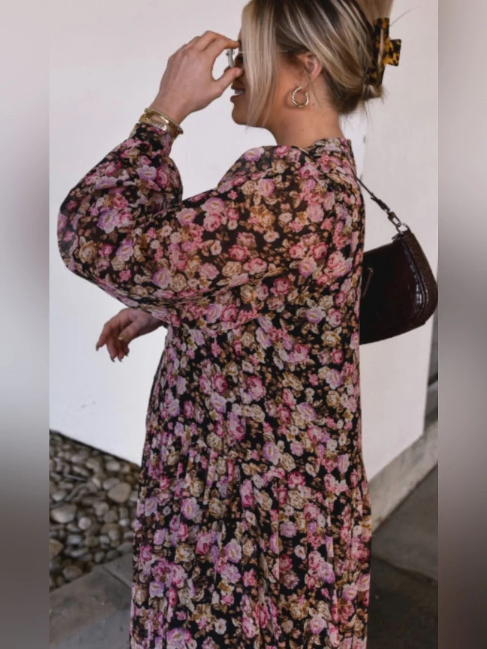 New Floral Button-Front Tunic Dress in Black & Pink